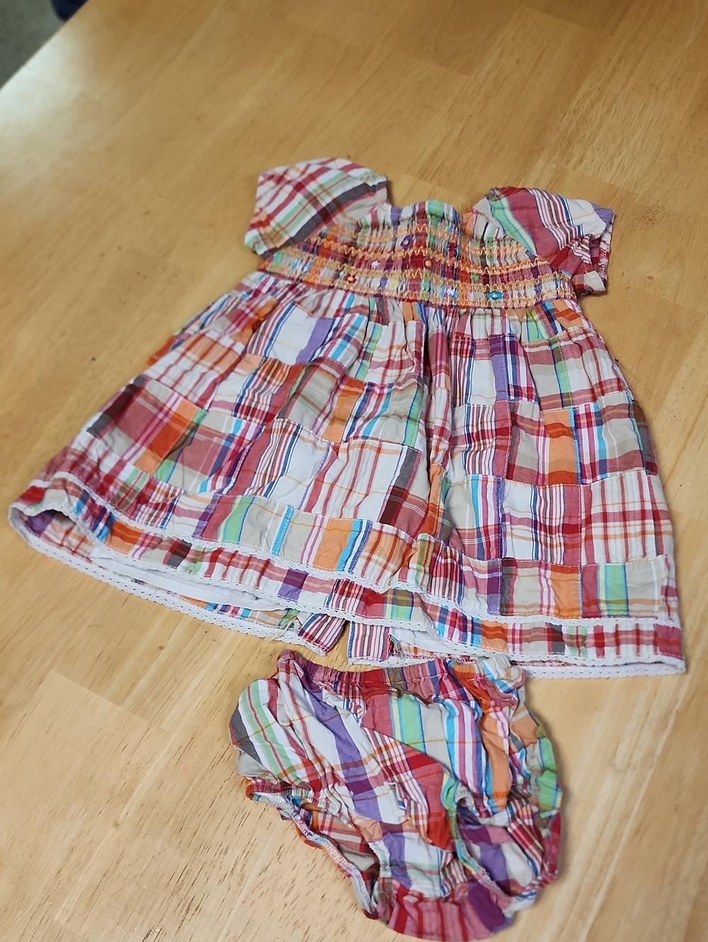 VTG The Children’s Place Baby Girls Madras Patchwork Smocked Sundress Set 12M